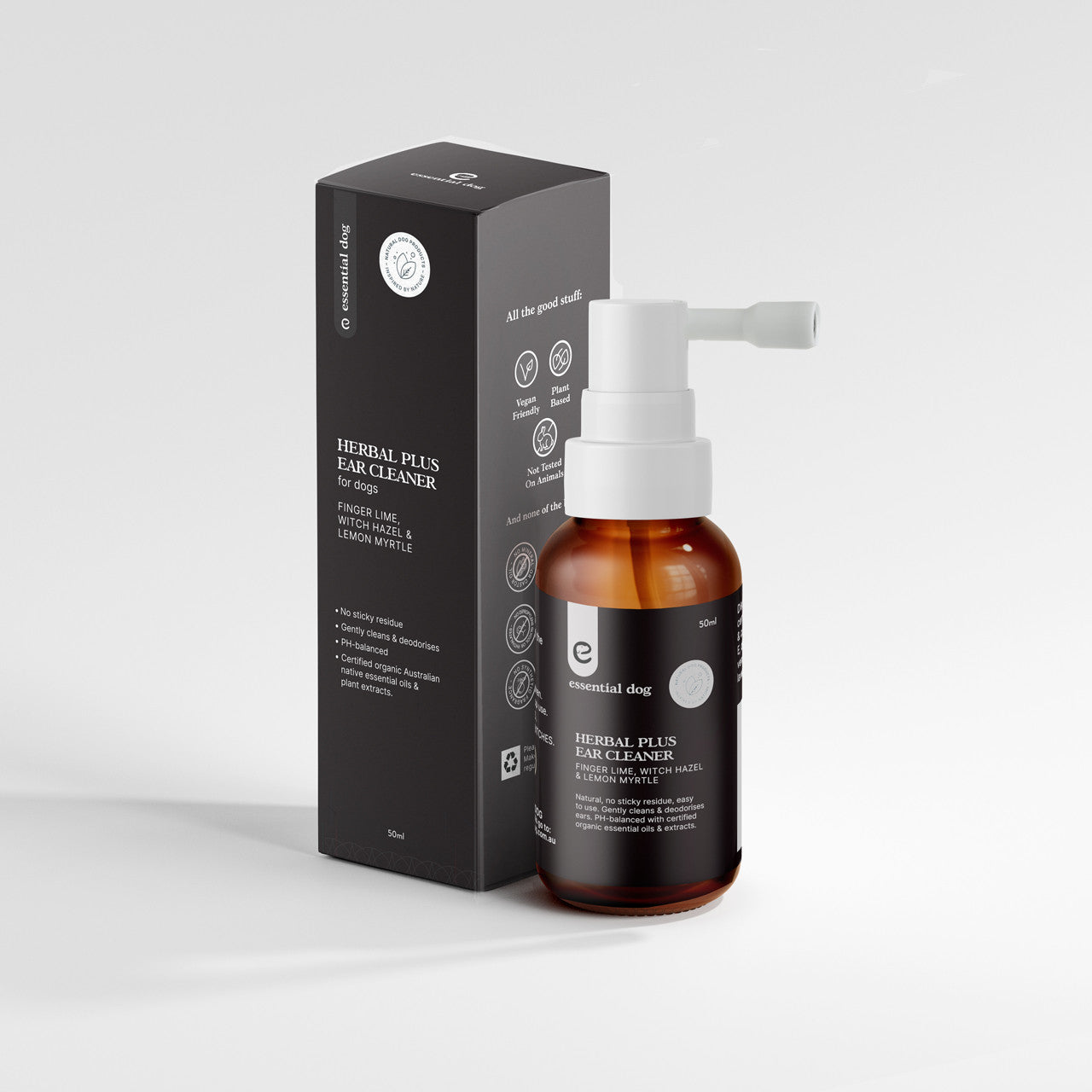 Herbal Plus Dog Ear Cleaner by Hlpmedical, with witch hazel, aloe, and lemon myrtle, in a bottle for pet ear hygiene.