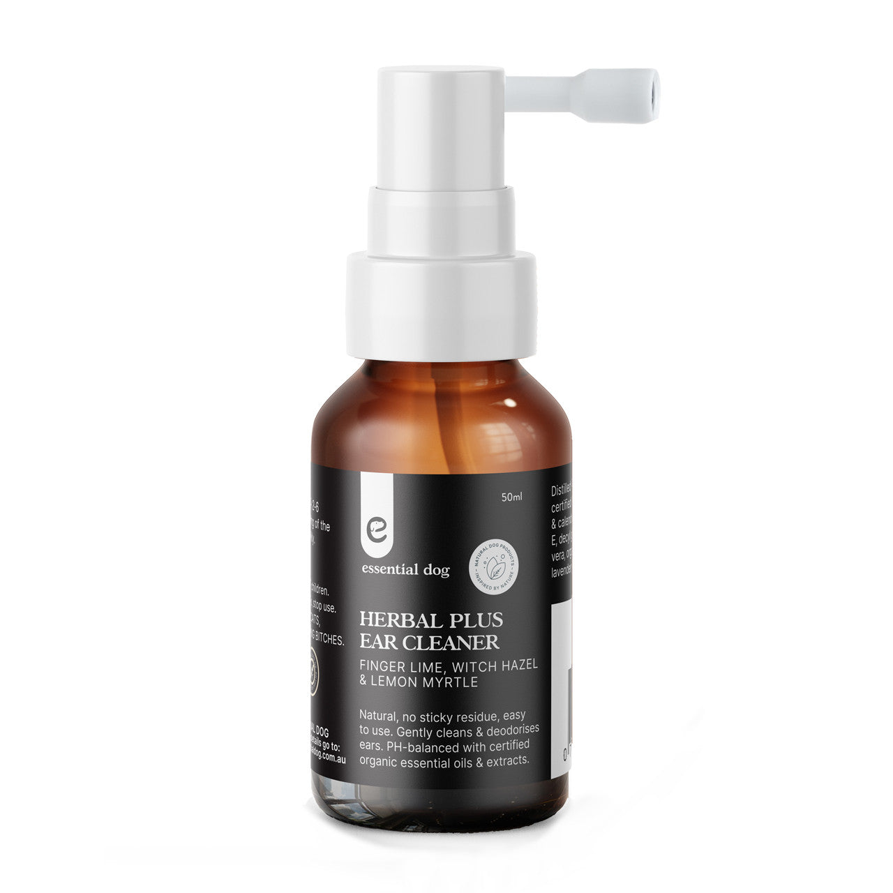 Herbal Plus Dog Ear Cleaner by Hlpmedical with witch hazel, aloe, and lemon myrtle for gentle ear cleaning.