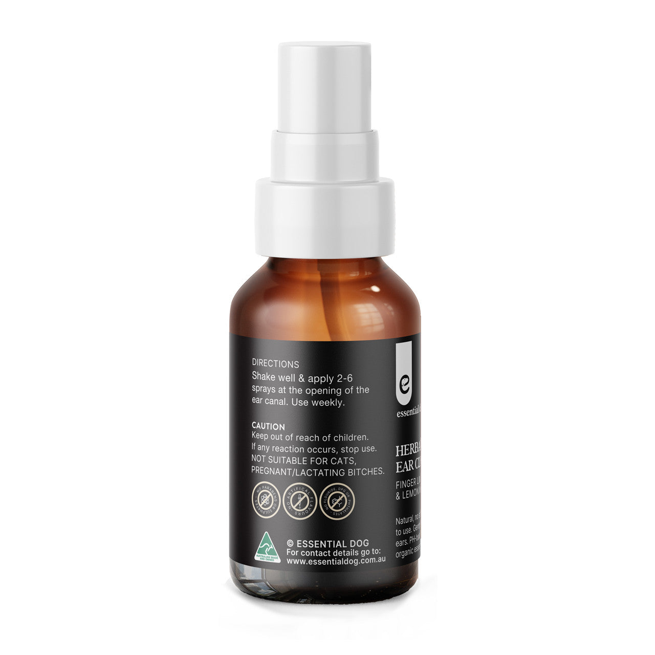 Herbal Plus Dog Ear Cleaner by Hlpmedical, with witch hazel, aloe, and lemon myrtle for gentle ear cleaning.