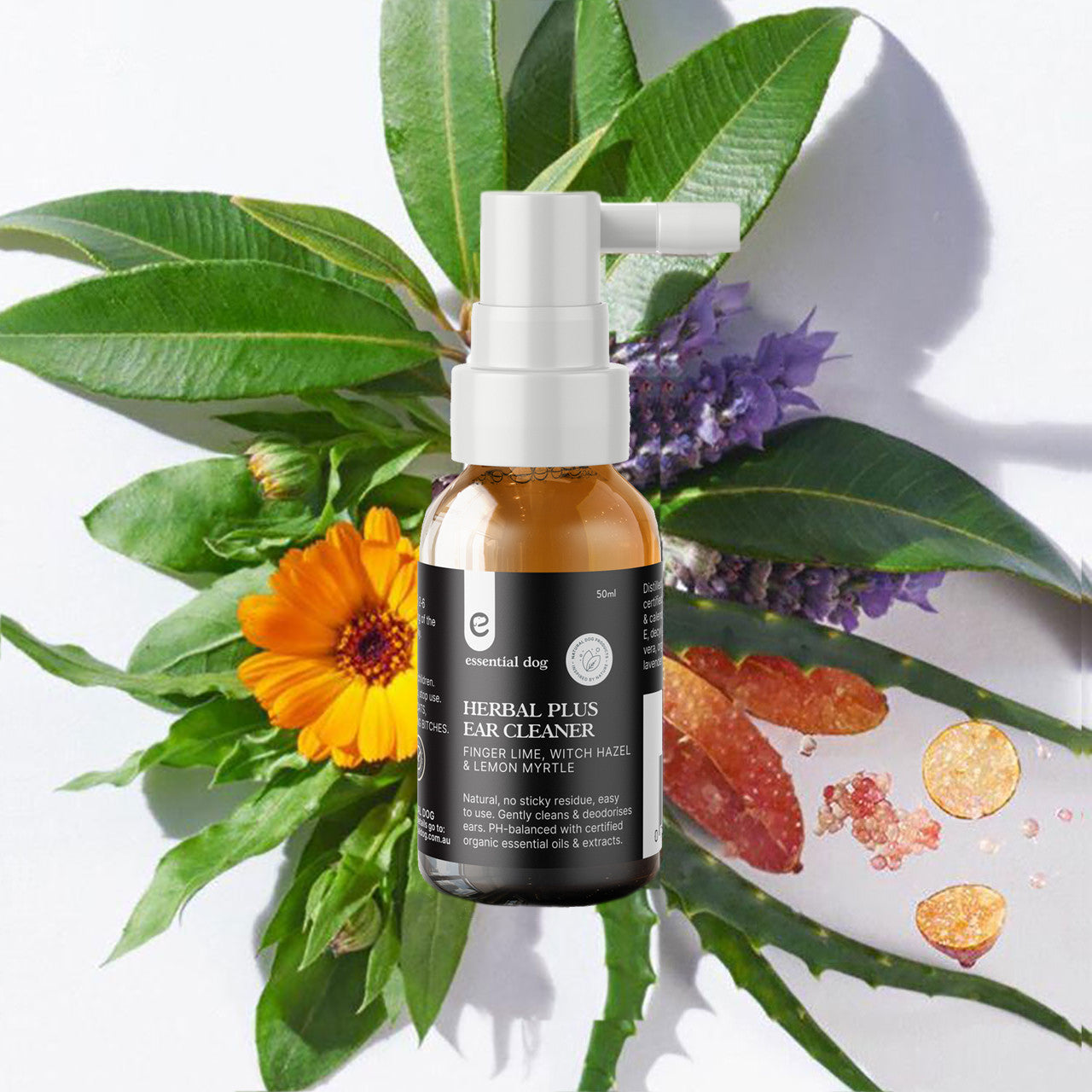 Herbal Plus dog ear cleaner by Hlpmedical with witch hazel, aloe, and lemon myrtle for soothing pet ear care.