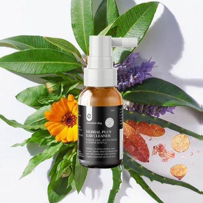 Herbal Plus dog ear cleaner by Hlpmedical with witch hazel, aloe, and lemon myrtle for soothing pet ear care.