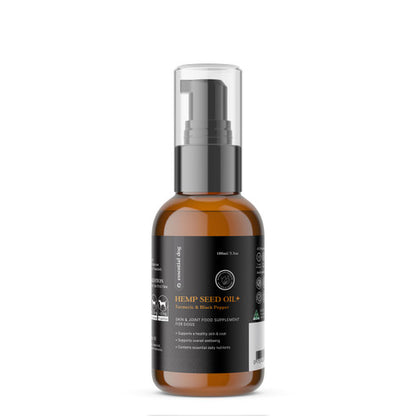 Raw hemp seed oil supplement for dogs in a bottle, natural pet care product under Hlpmedical brand.