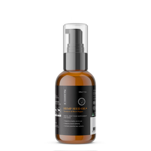 Raw hemp seed oil and turmeric supplement for dogs in a bottle, natural pet care product by Hlpmedical for healthy canine nutrition.