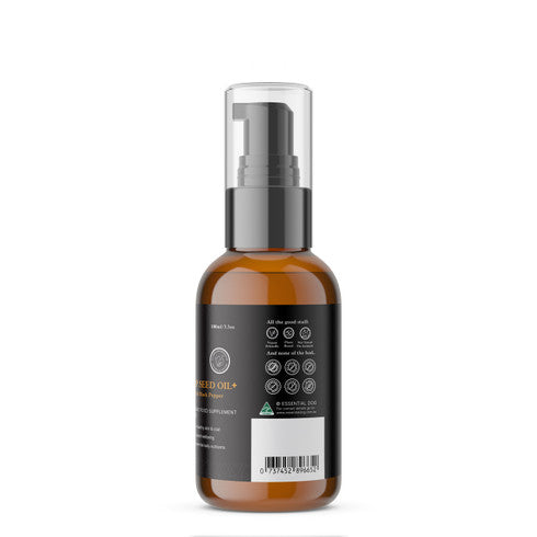 Bottle of raw hemp seed oil and turmeric supplement for dogs, natural pet care product from Hlpmedical, in a clear plastic bottle.