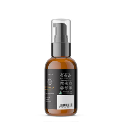 Bottle of raw hemp seed oil and turmeric supplement for dogs, natural pet care product from Hlpmedical, in a clear plastic bottle.
