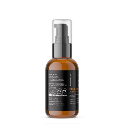 Raw hemp seed oil and turmeric supplement for dogs in a bottle, natural pet care product for healthy canine nutrition.