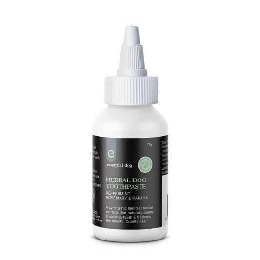 Herbal dog toothpaste in 70g tube from Hlpmedical, shown with natural herbal ingredients for pet dental health.