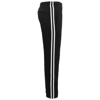 Black men's fleece sports track pants with zip pockets and stripe details, casual sweat trousers in size L from Hlpmedical.