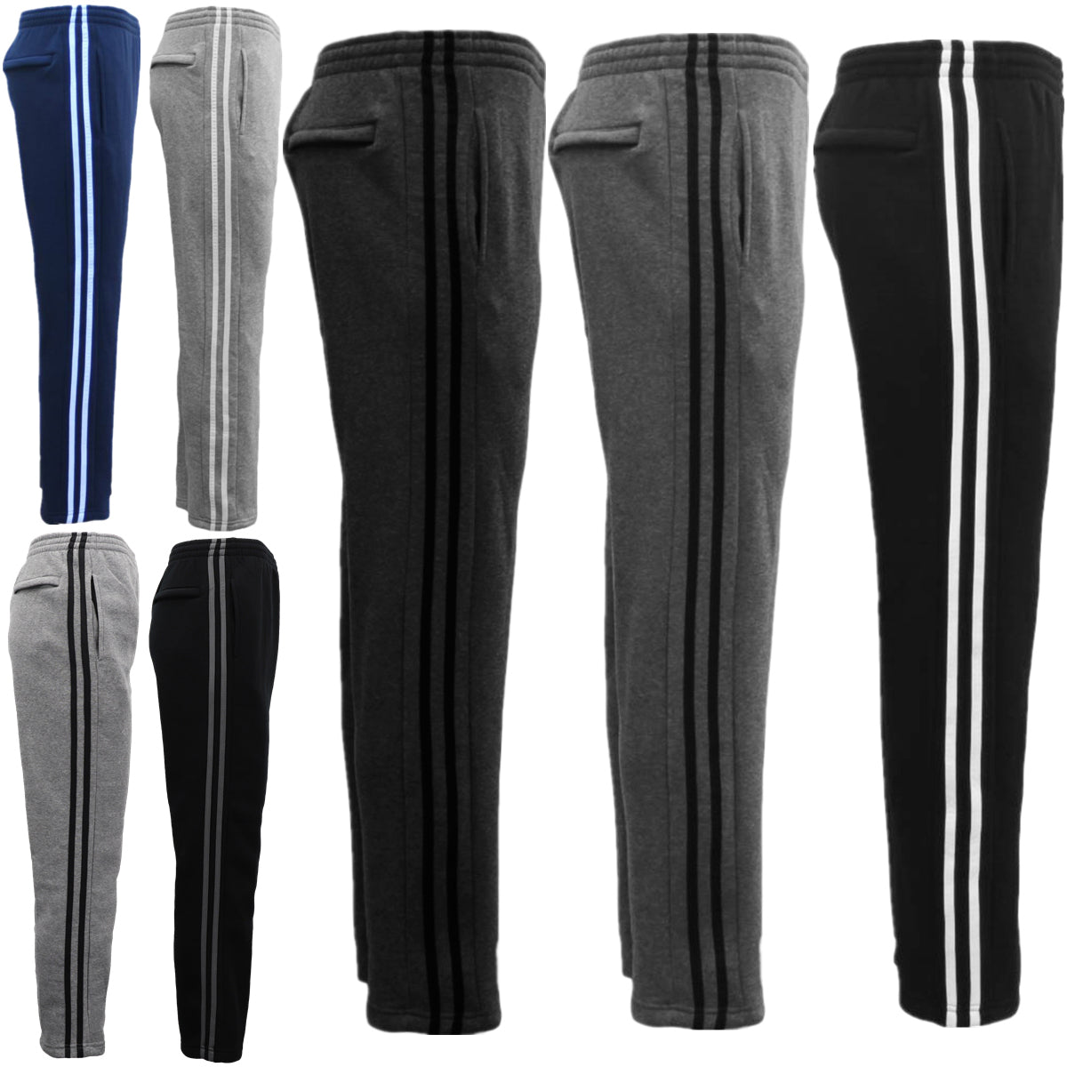 Men's charcoal fleece sports track pants with black stripes and zip pockets, casual sweat trousers in size XL.