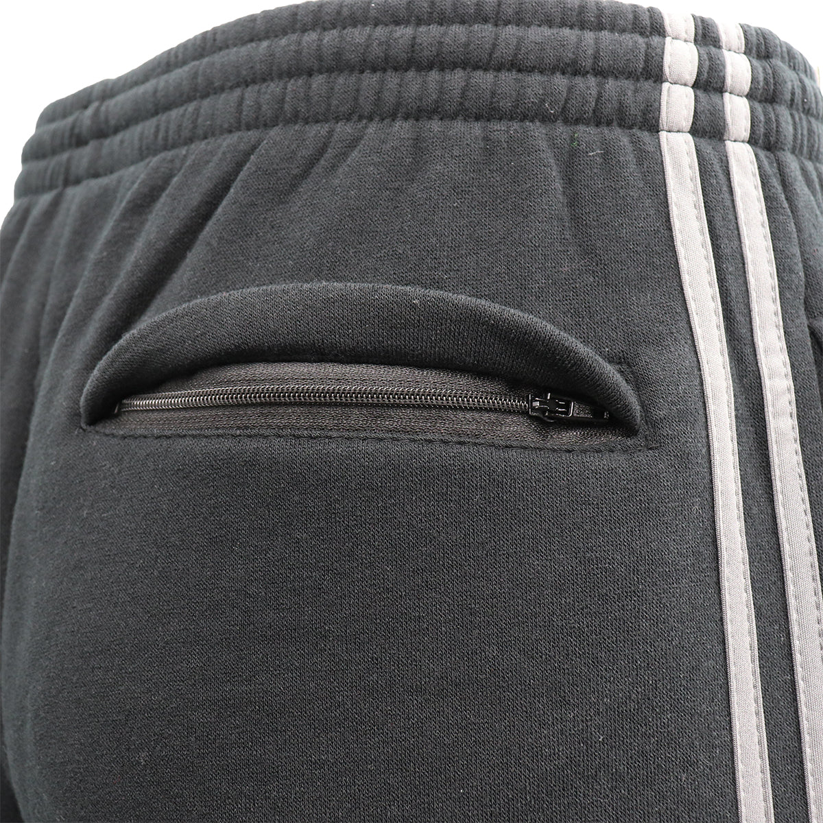 Men's fleece casual sports track pants by Hlpmedical featuring black stripes, zip pockets, in charcoal color, size XL.