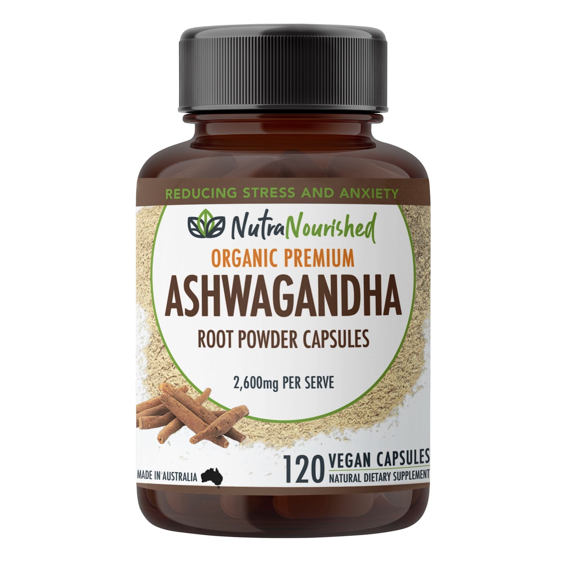 Organic Ashwagandha capsules by Hlpmedical, vegan dietary supplement in a bottle, with brown capsules and label showing herbal ingredients.