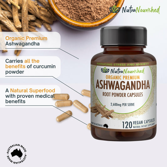 Organic Ashwagandha capsules by Hlpmedical, vegan dietary supplement in a bottle with 120 capsules for stress support and overall wellness.