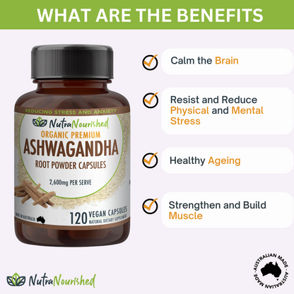 Vegan Organic Ashwagandha capsules by Hlpmedical, 120 vegetarian capsules of Withania Somnifera for stress relief and wellness.