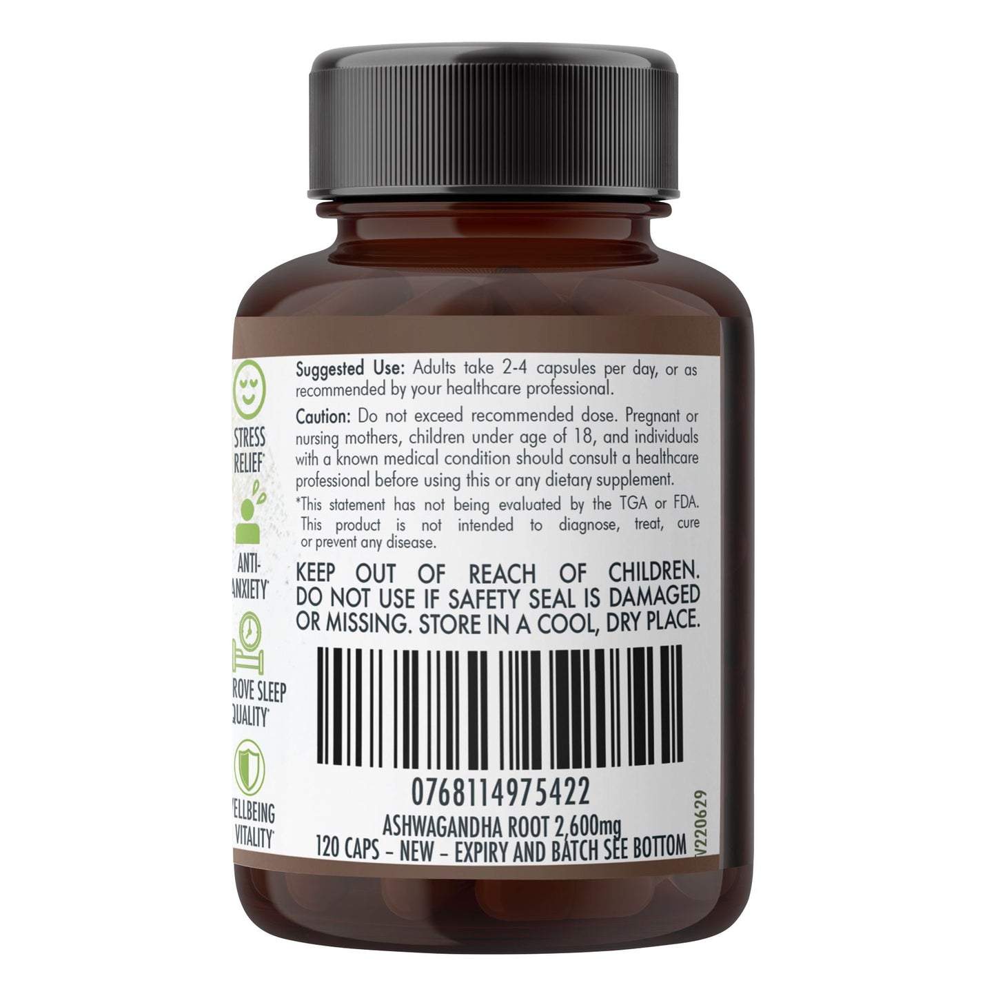 Organic Ashwagandha capsules from Hlpmedical, vegan dietary supplement in a bottle, with 120 capsules for health and wellness.