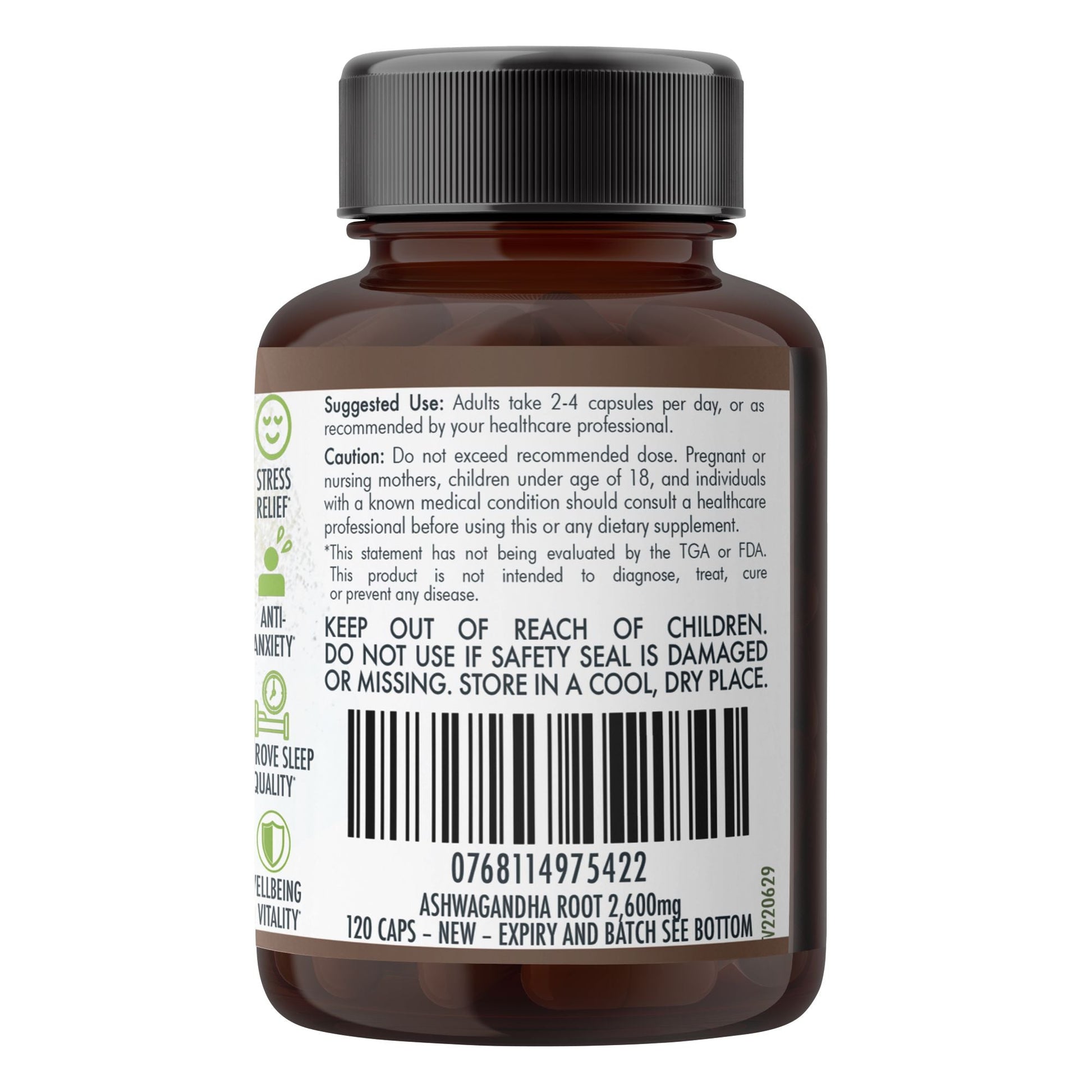 Organic Ashwagandha capsules from Hlpmedical, vegan dietary supplement in a bottle, with 120 capsules for health and wellness.