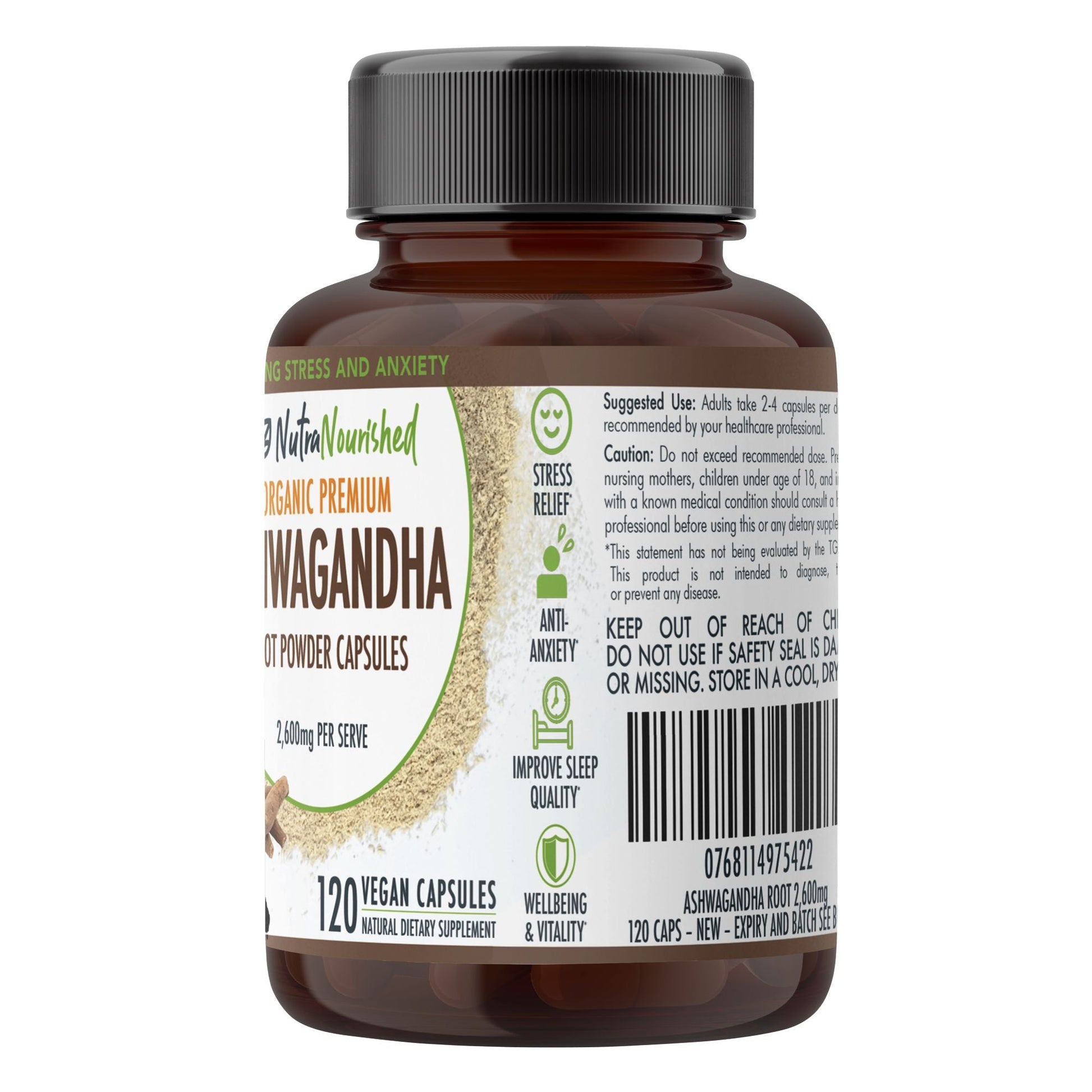Organic Ashwagandha capsules by Hlpmedical, vegan dietary supplement in a bottle, containing 120 capsules for health and wellness.