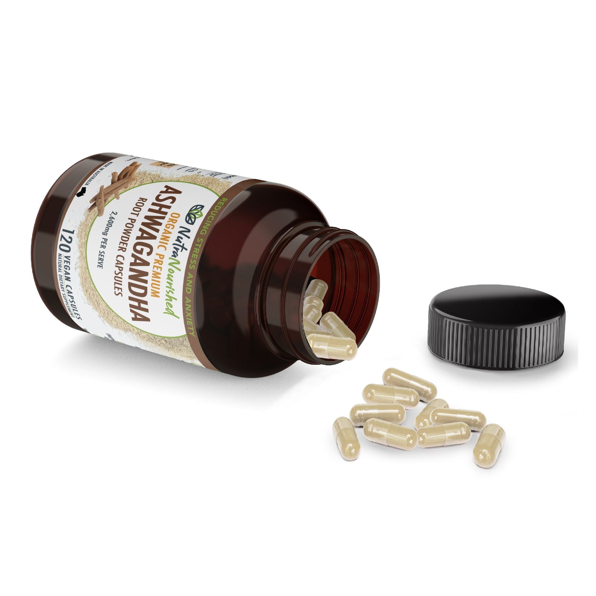 Organic Ashwagandha capsules by Hlpmedical, vegan dietary supplement in a bottle, with 120 capsules for stress relief and vitality.