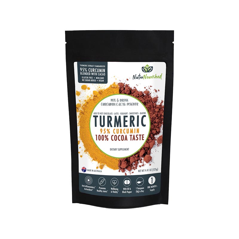 Organic turmeric powder with cocoa flavor and black pepper, 125g, Hlpmedical, 95% curcumin extract, natural health supplement.