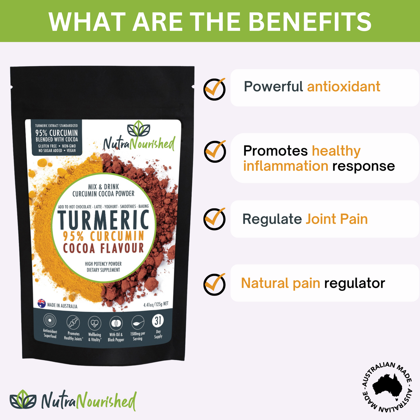 Organic turmeric powder with 95% curcumin extract and cocoa flavor, infused with black pepper, 125g health supplement.