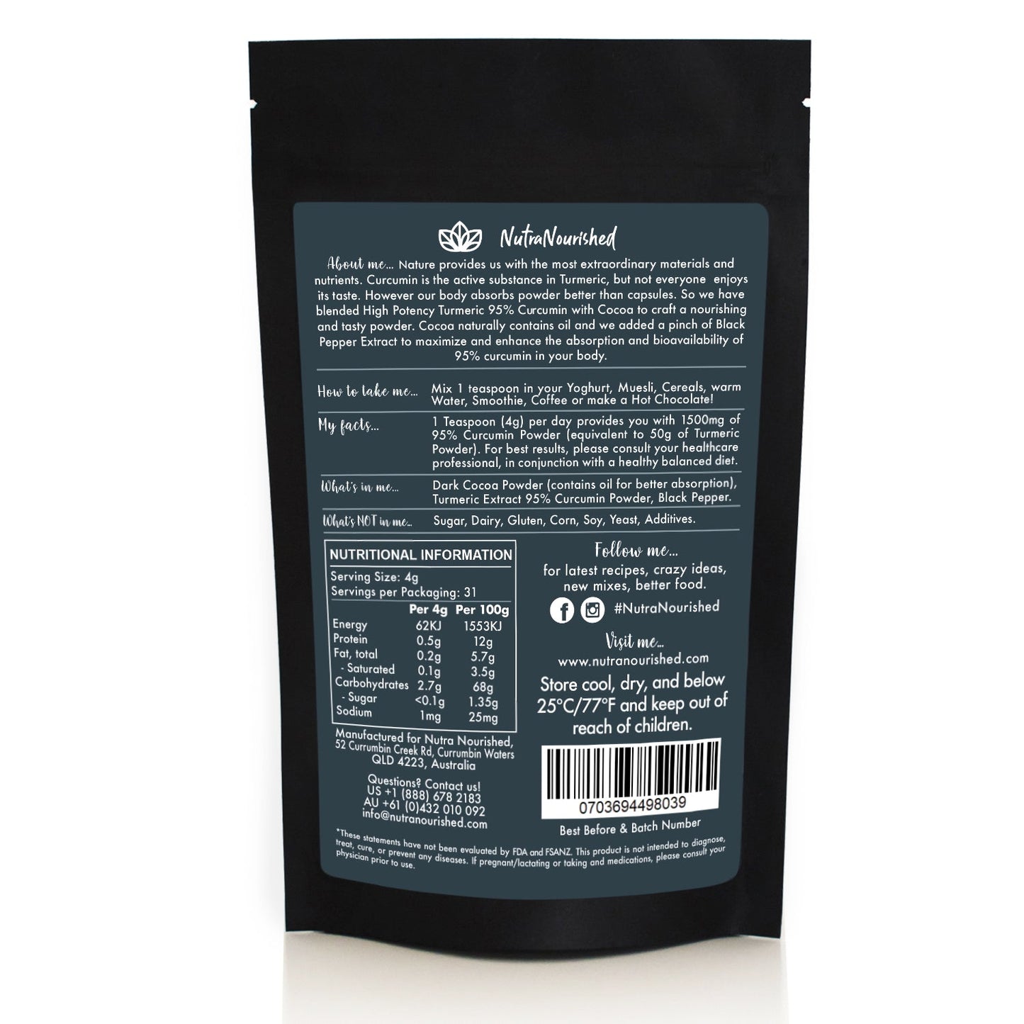 Organic turmeric powder with cocoa flavor and black pepper, 125g, Hlpmedical, rich in curcumin for health and wellness.