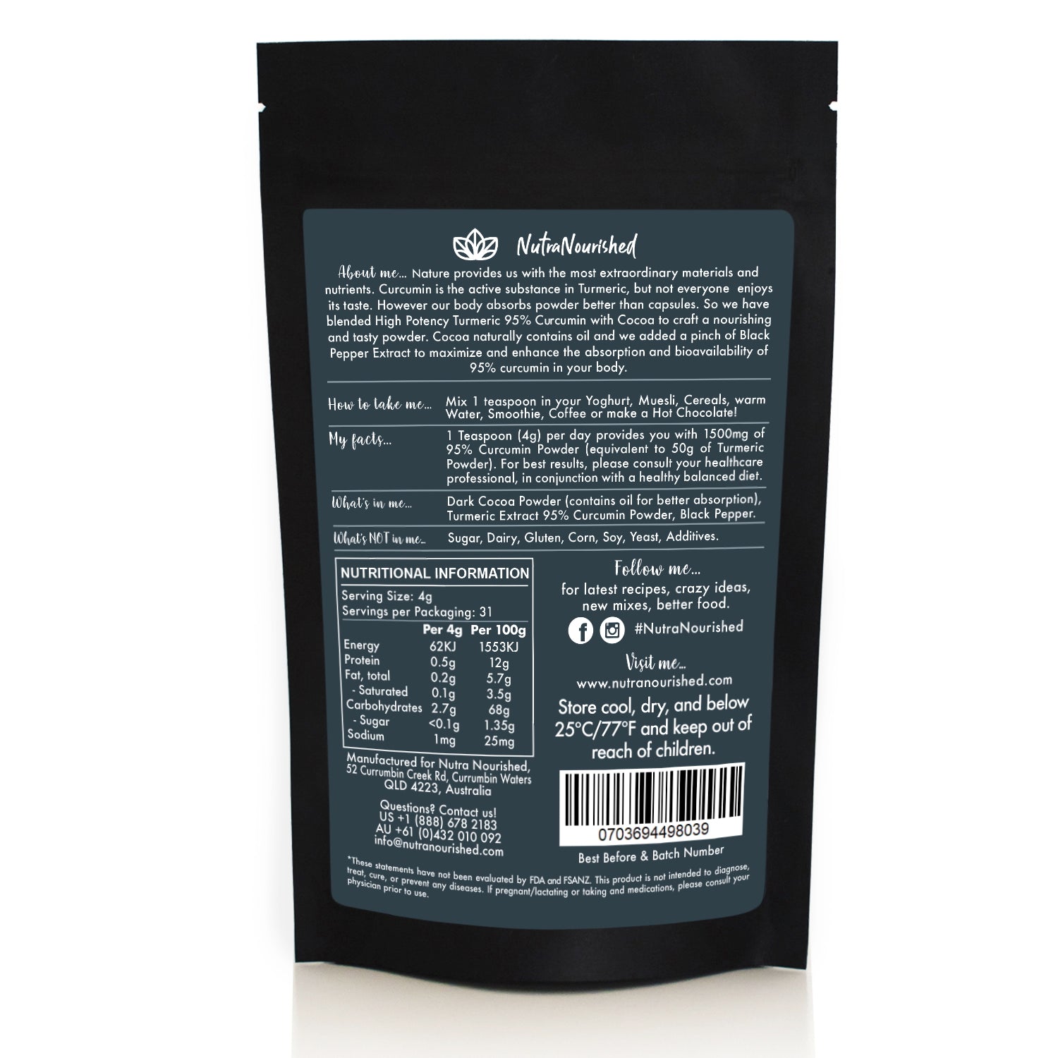 Organic turmeric powder with cocoa flavor and black pepper, 125g, Hlpmedical, rich in curcumin for health and wellness.