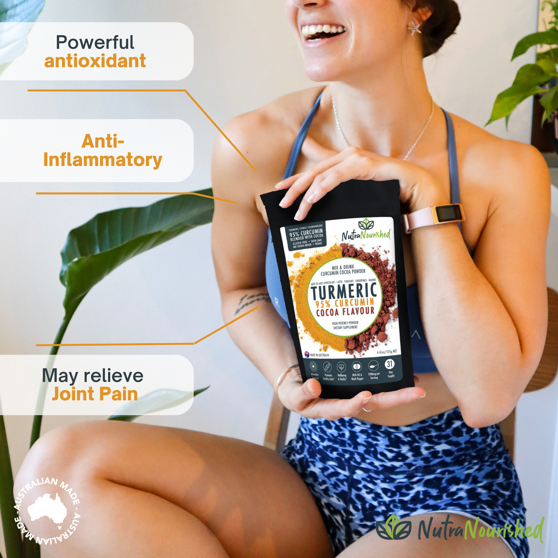 Organic turmeric powder with cocoa flavor, black pepper, 125g, Hlpmedical, rich in curcumin for health and wellness.