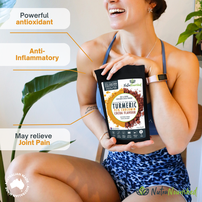 Organic turmeric powder with cocoa flavor, black pepper, 125g, Hlpmedical, rich in curcumin for health and wellness.