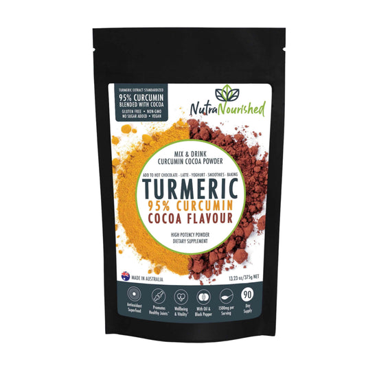 Organic turmeric powder with cocoa flavor and black pepper, 375g, natural turmeric supplement from Hlpmedical for health and wellness.