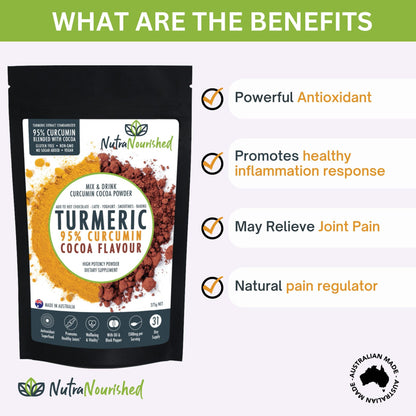 Organic 95% Curcumin Extract turmeric powder with cocoa flavor and black pepper by Hlpmedical, 375g, in a resealable bag.