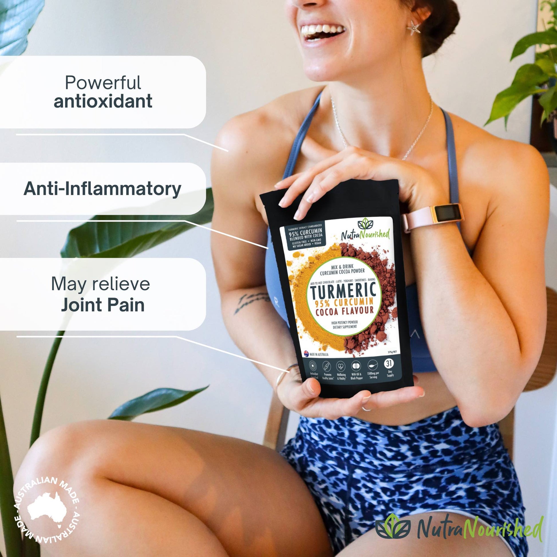 Organic turmeric powder with cocoa flavor and black pepper, 375g, ideal for health and supplement use, by Hlpmedical.