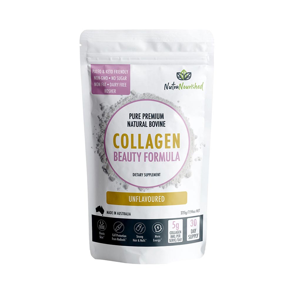 Unflavored collagen beauty supplement in a 225g container by Hlpmedical, showing the label and product packaging.