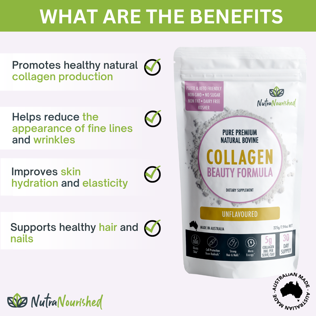 Unflavored collagen beauty supplement powder in a 225g container, from Hlpmedical, for skin and hair health.