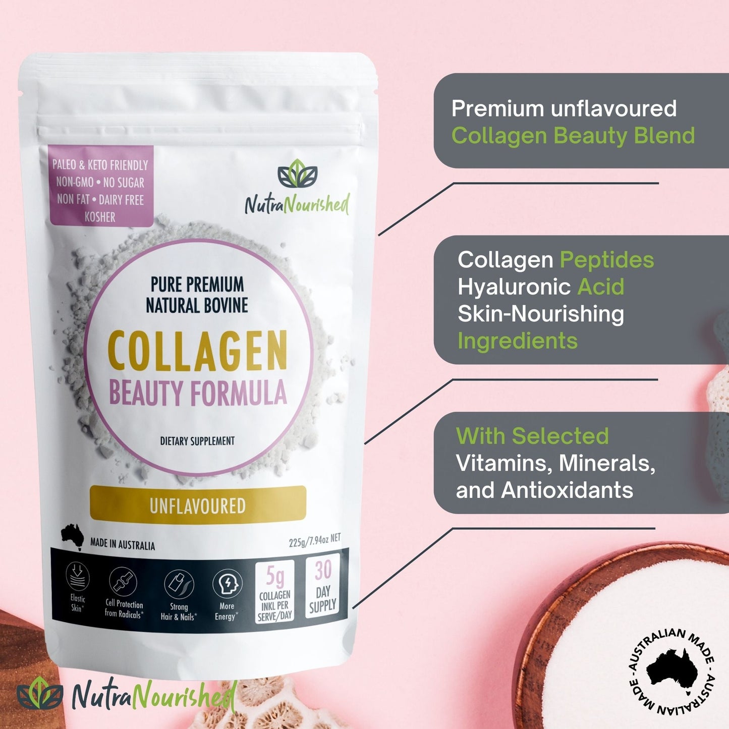 Unflavored collagen beauty supplement in a 225g jar by Hlpmedical, showing the powder inside the container.