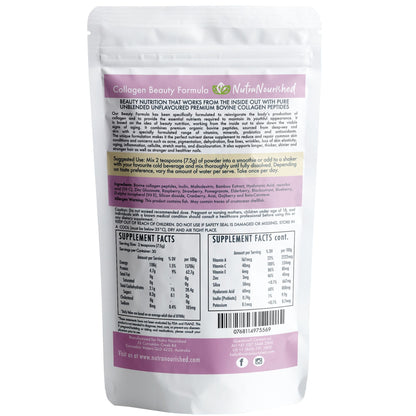 Unflavored collagen beauty supplement powder in a 225g container by Hlpmedical, for skin and hair health.