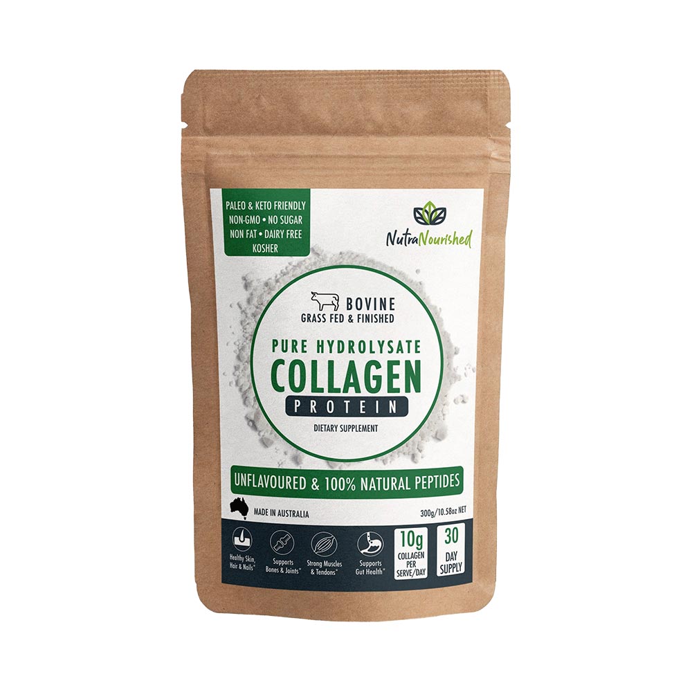 Unflavored collagen powder in a 300g jar by Hlpmedical, showing the supplement container with a clear label.