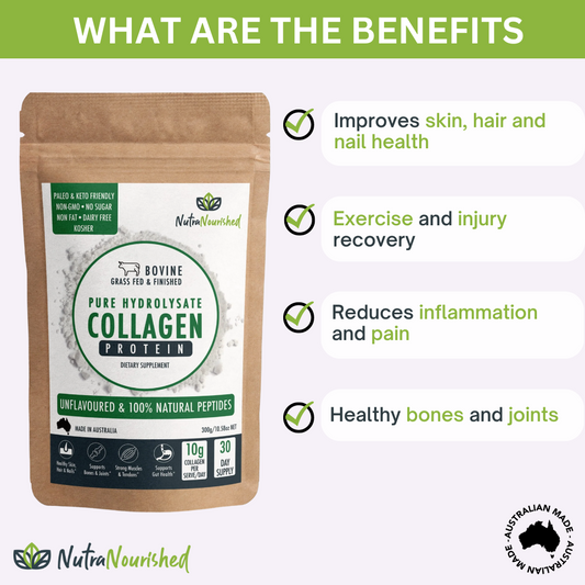 Unflavored collagen powder in a 300g container from Hlpmedical, showing the supplement packaging with a focus on the product label.