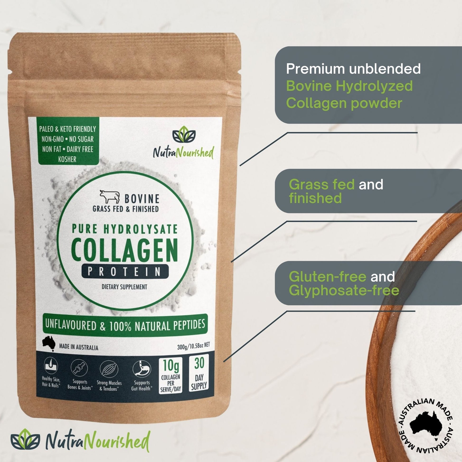 Unflavored collagen powder in a 300g container by Hlpmedical, suitable for health and beauty nutrition and supplement use.