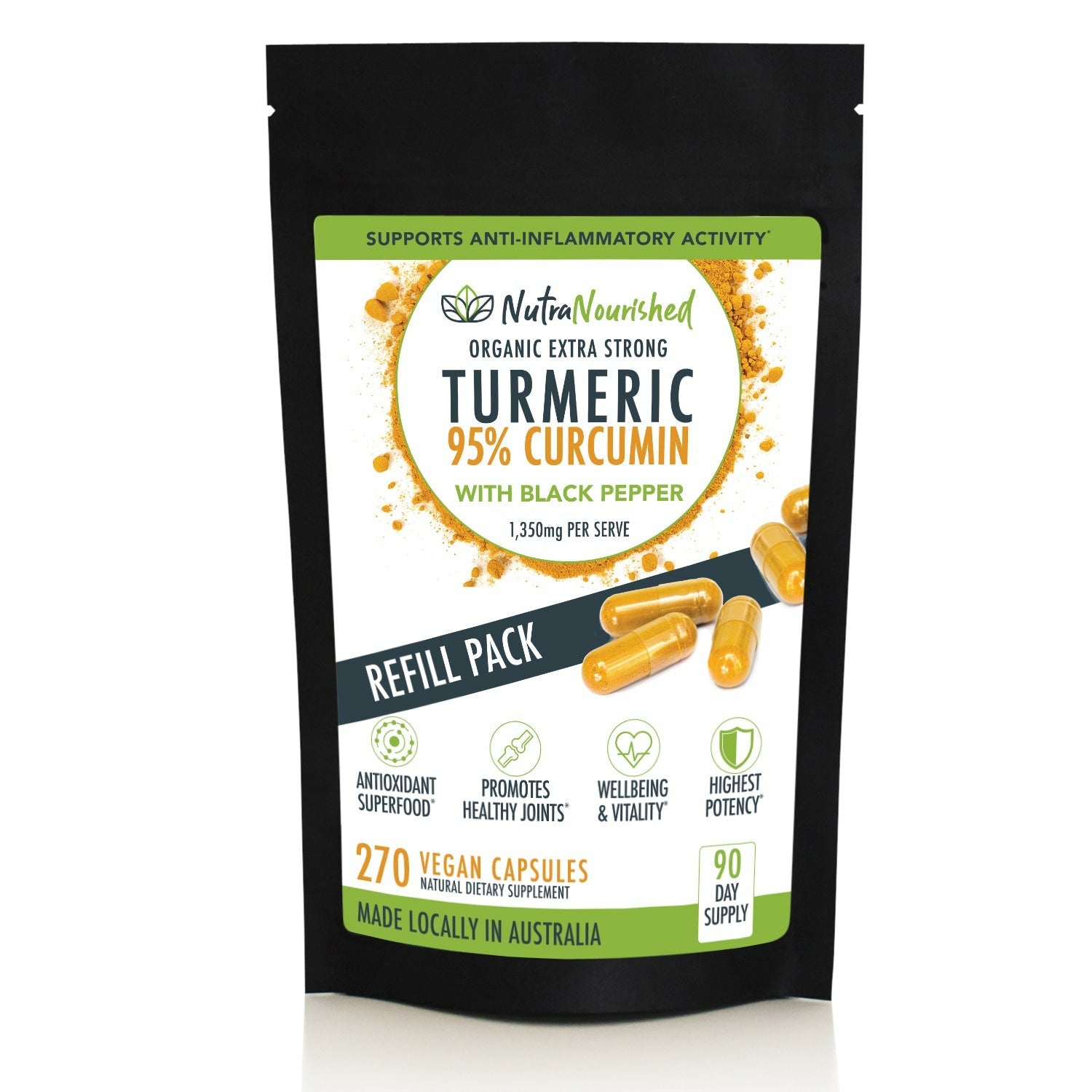 Organic turmeric 95% curcumin extract capsules refill bag by Hlpmedical, vegan supplement with black pepper for health and wellness.