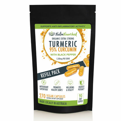 Organic turmeric 95% curcumin extract capsules refill bag by Hlpmedical, vegan supplement with black pepper for health and wellness.