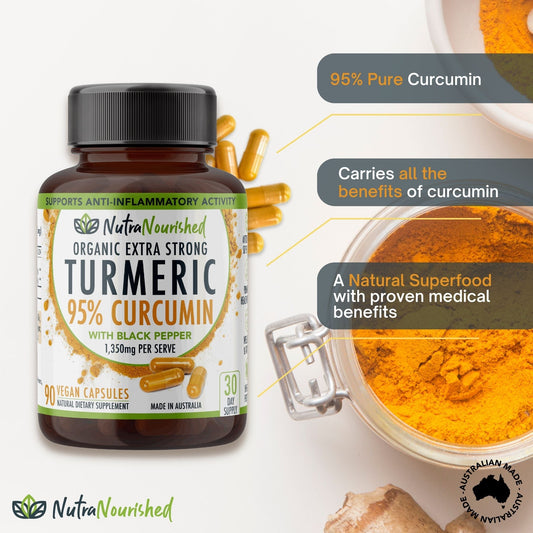 Vegan Curcumin Tablets with black pepper extract, 95% pure turmeric supplement in 90 capsules, buffered for enhanced absorption.