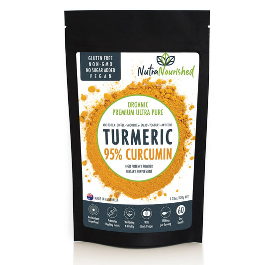 Pure Organic 95% Curcumin powder by Hlpmedical, 120g turmeric supplement with black pepper for health and wellness.