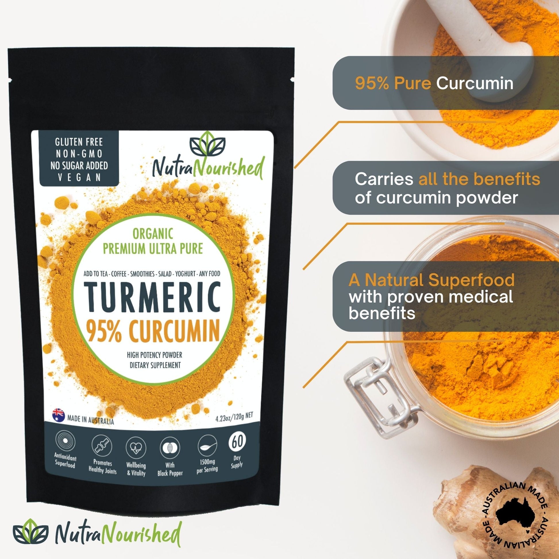 Pure Organic 95% Curcumin powder by Hlpmedical, 120g, with turmeric extract and black pepper for health and wellness.