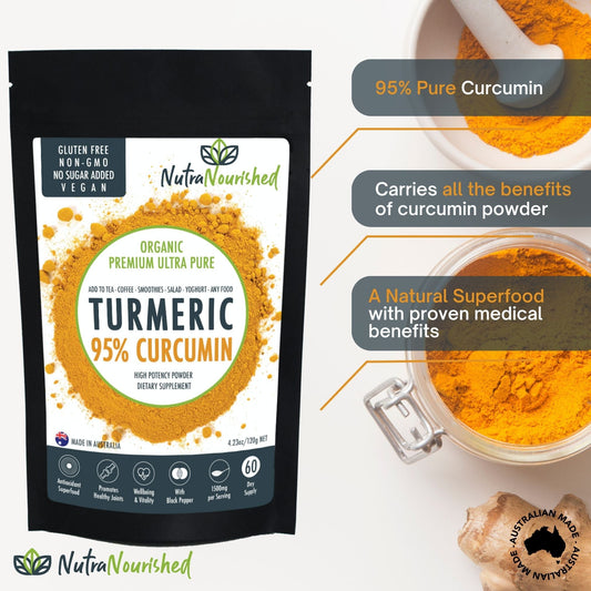 Pure Organic 95% Curcumin powder by Hlpmedical, 120g, with turmeric extract and black pepper for health and wellness.