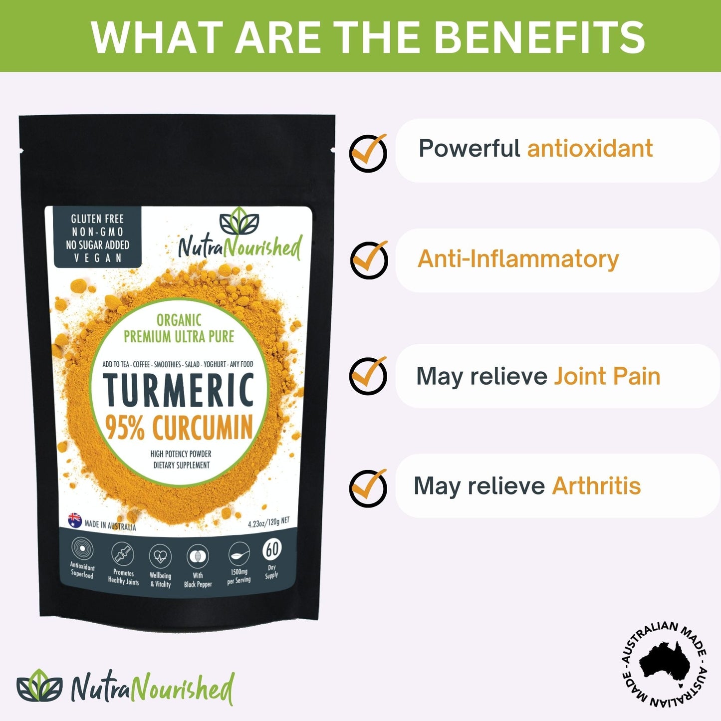 Pure organic 95% curcumin powder by Hlpmedical, 120g, with turmeric extract and black pepper for health and wellness.