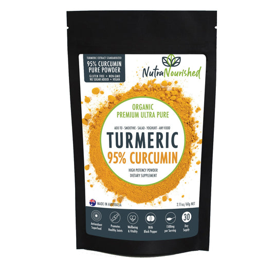 Pure Organic 95% Curcumin powder from Hlpmedical, 60g turmeric supplement with black pepper for health and wellness.