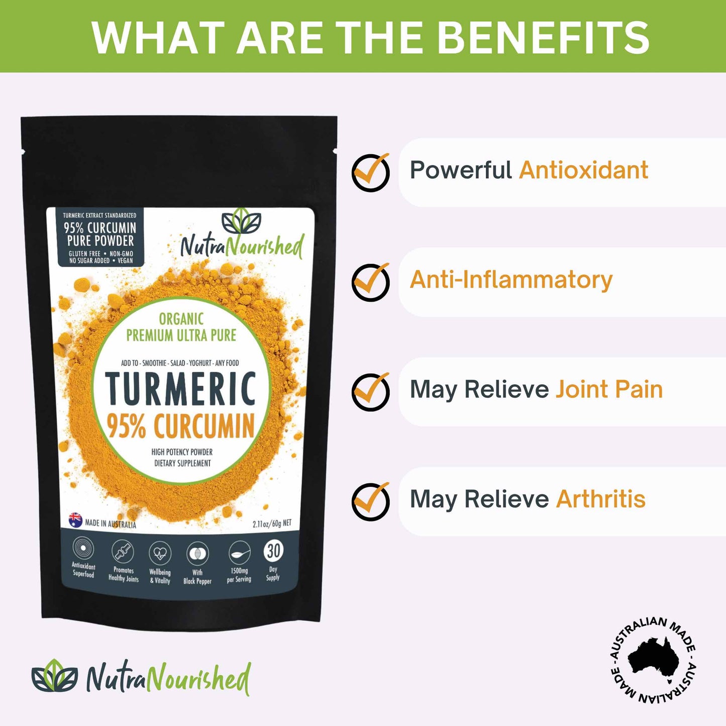 Pure Organic 95% Curcumin powder from Hlpmedical, 60g turmeric supplement with black pepper for health and wellness.