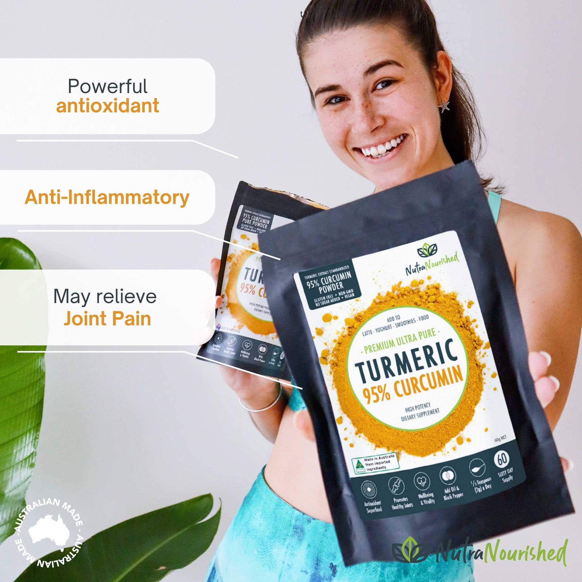 Pure Organic 95% Curcumin powder by Hlpmedical, 60g turmeric supplement with black pepper for enhanced absorption.