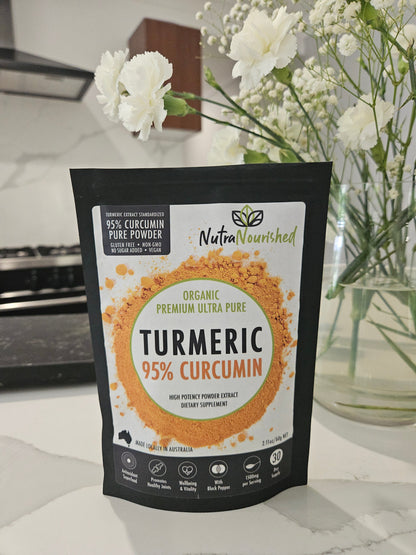 Pure Organic 95% Curcumin powder by Hlpmedical, 60g turmeric supplement with black pepper for health and wellness.