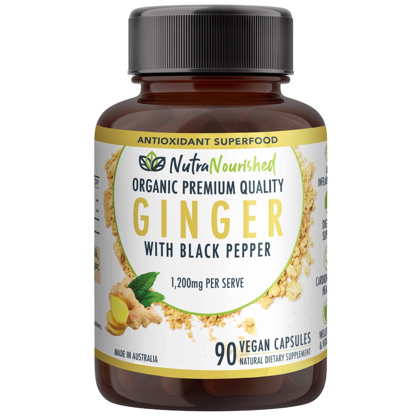 Organic vegan ginger capsules in a bottle, dietary supplement by Hlpmedical, 90 capsules for health and wellness.