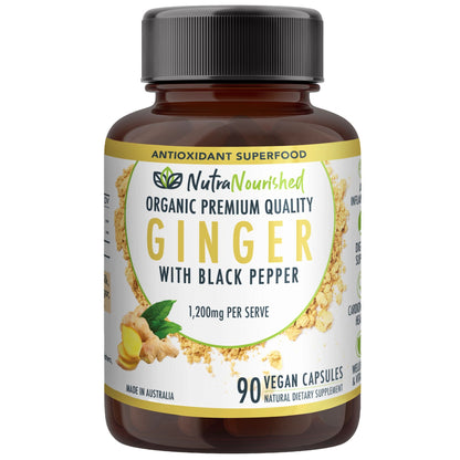 Organic vegan ginger capsules in a bottle, dietary supplement by Hlpmedical, 90 capsules for health and wellness.